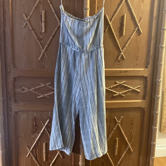 Elan linen strapless jumpsuit / coverup with pockets size small ivory and black - Picture 4 of 6